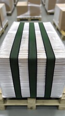 Pallet of packaged goods secured with green straps, warehouse background.