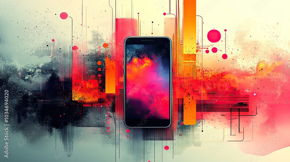 Poster abstractof social interaction and messaging featuring smartphone with speech bubbles and dynamic sha