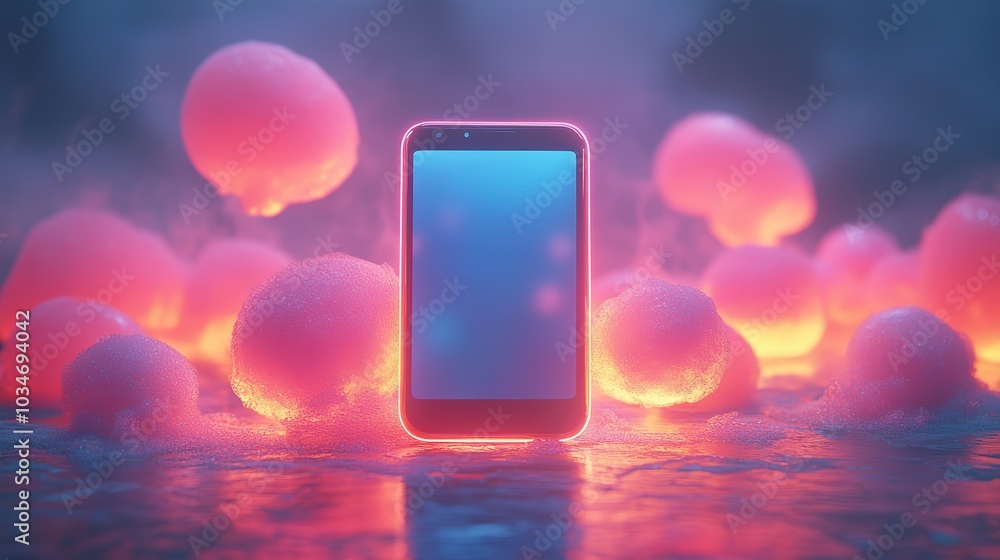 Poster abstractof social interaction and messaging featuring smartphone with speech bubbles and dynamic sha
