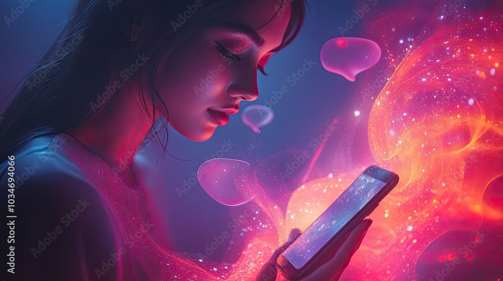 Poster abstractof social interaction and messaging featuring smartphone with speech bubbles and dynamic sha