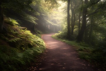 Obraz premium Sunbeams Through Misty Forest Path