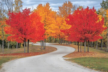 Naklejka premium Winding Road through Autumn Forest with Red and Yellow Leaves