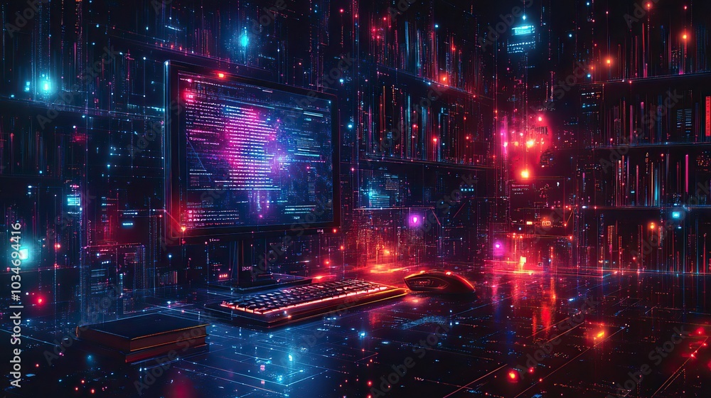 Poster abstractshowcasing digital literacy with computer icons books keyboard and mouse emphasizing the integration of technology and education.stock image