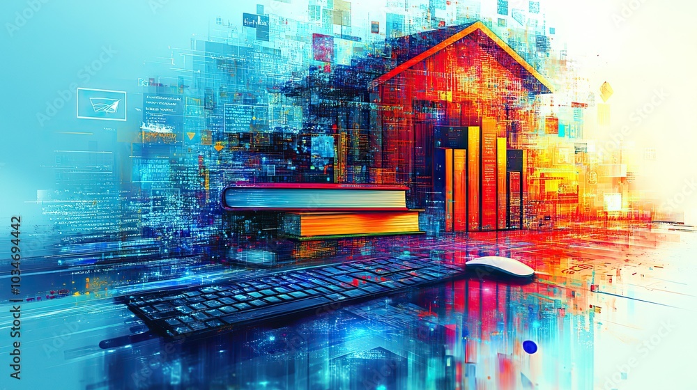Poster abstractshowcasing digital literacy with computer icons books keyboard and mouse emphasizing the int
