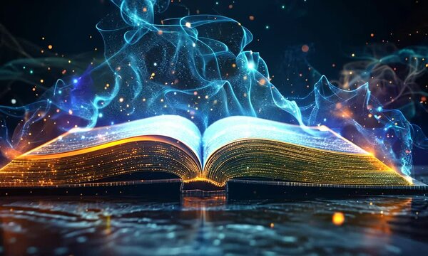 E-book, digital library, online learning concept with futuristic open book and arrow pointer
