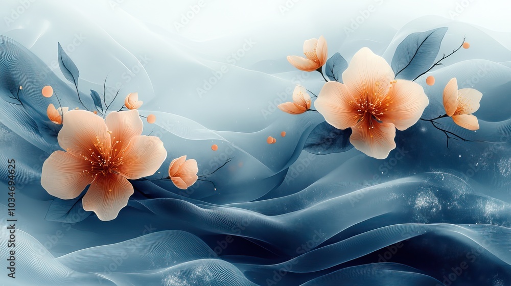 Poster abstractwith flowing lines leaves and flowers symbolizing tranquility and connection with nature in 