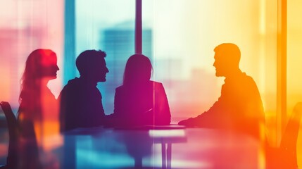 Light-based silhouettes of professionals in a collaborative meeting, double exposure with abstract gradient effects