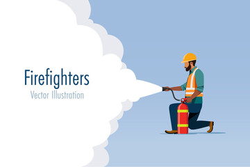 Fire fighters use fire extinguisher to extinguish fire with free space for text. Fire safety equipment and training. Banner, template for advertisement. Vector.