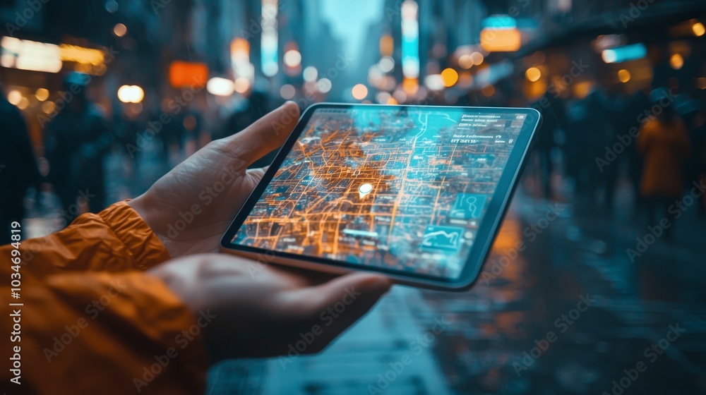 Poster hands holding smart device in busy urban setting