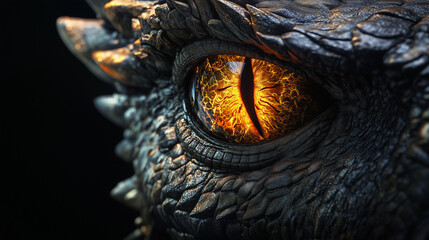 This striking close-up features a dragon's eye, highlighting the intricate texture of its scales and the mesmerizing amber hue that emanates an intense presence