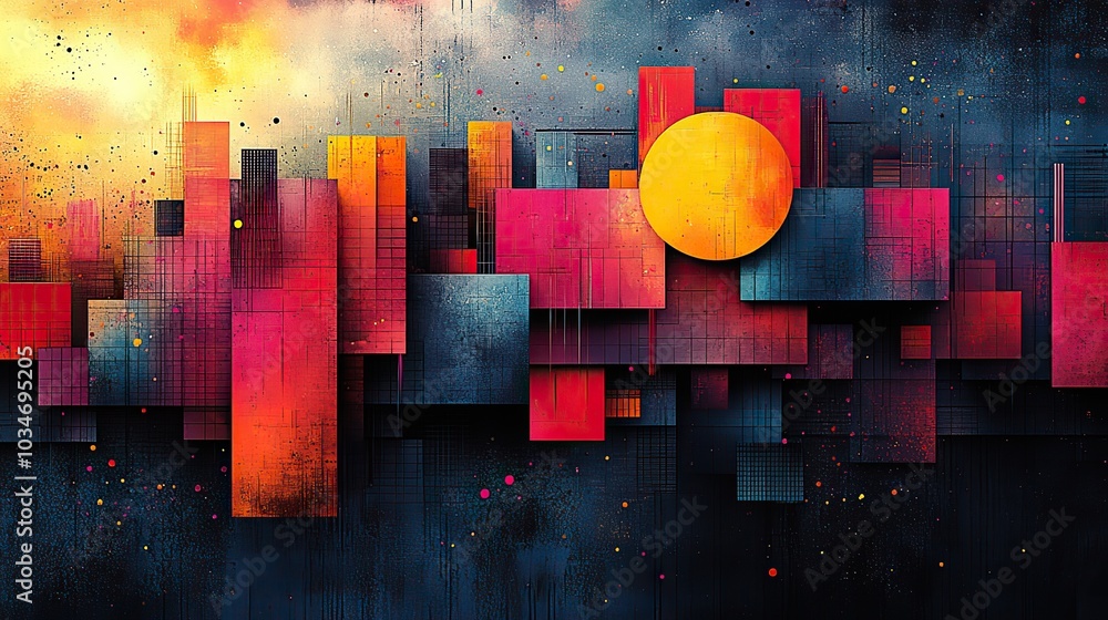 Poster abstract representation of dynamic environment using vibrant geometric shapes and colors showcasing 