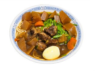 Hearty Beef Noodle Soup with Vegetables and Boiled Egg on Transparent Background.