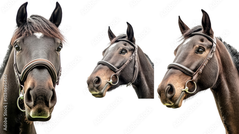 Poster three black horses in expressive poses on clear backdrop generative ai