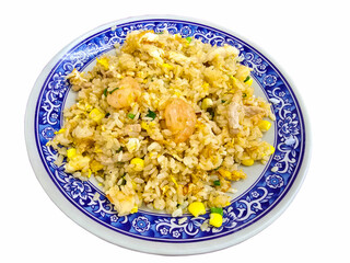 Delicious Chinese cuisine, a plate of fried rice with shrimp and egg on a transparent background.