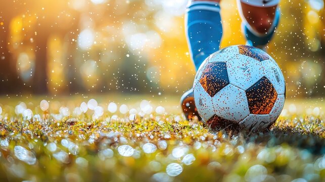 Close-up of a soccer ball on wet grass as a player prepares to kick, with sunlight creating a sparkling bokeh effect in the background.