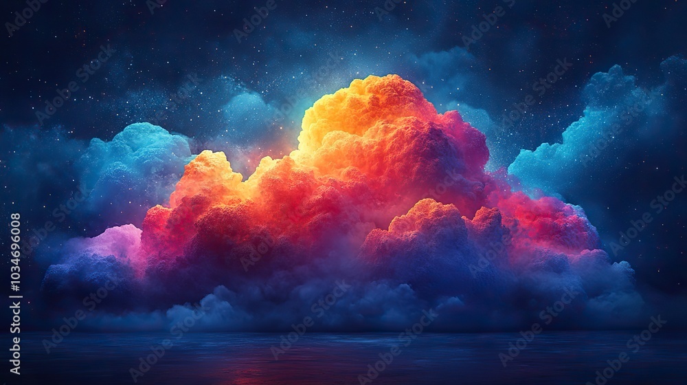 Poster abstract representation of cloud computing with vibrant textured shapes forming clouds symbolizing d