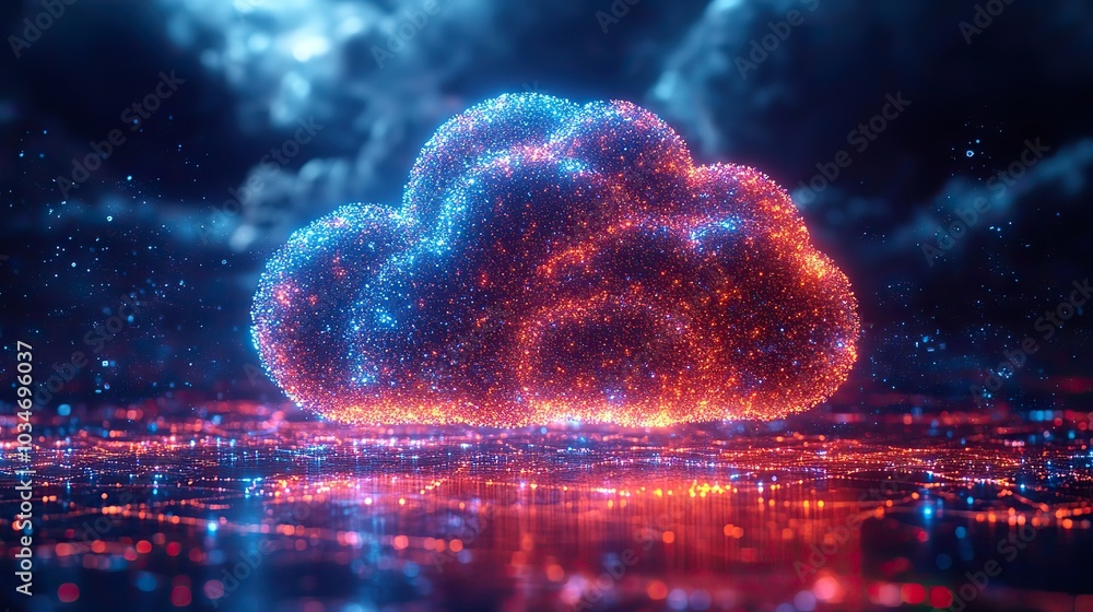 Poster abstract representation of cloud computing with vibrant textured shapes forming clouds symbolizing d