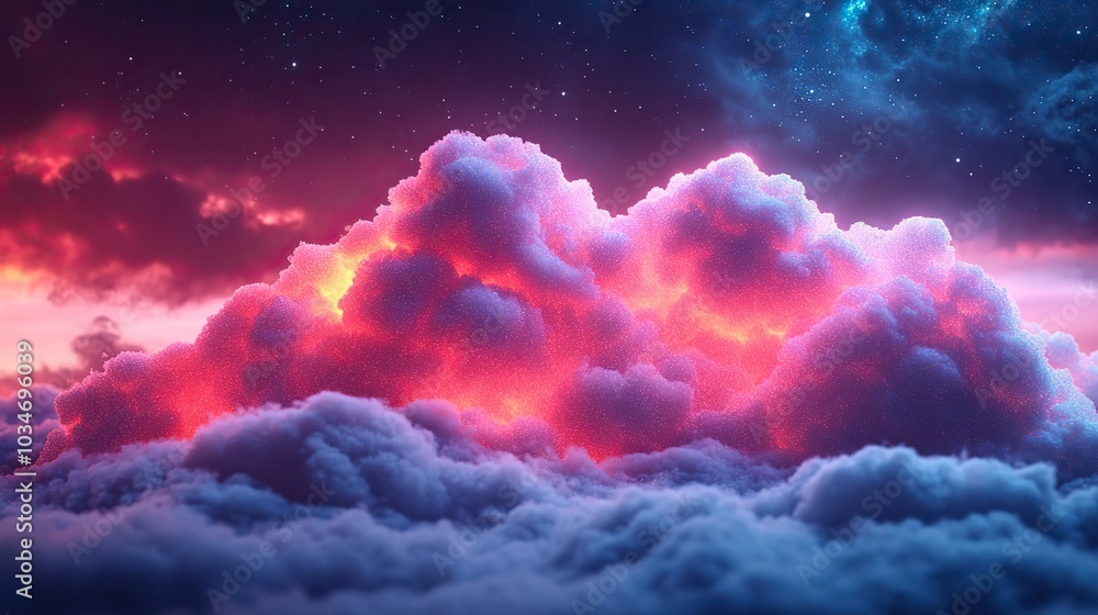 Poster abstract representation of cloud computing with vibrant textured shapes forming clouds symbolizing d