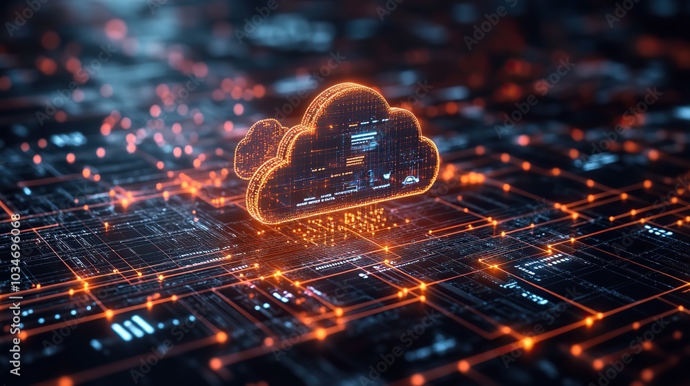 Poster abstract representation of cloud infrastructure and api integration with various cloud icons and net