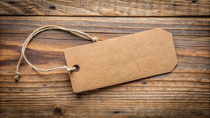 A Simple Brown Tag with a String Tied Through a Hole on a Rustic Wooden Surface