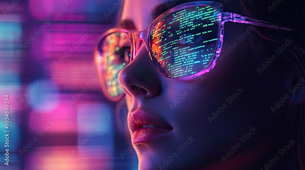 Poster abstract representation of juli programming language female face in violet light with green light ov