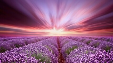 Obraz premium A stunning photograph of a serene lavender garden featuring rows of vibrant purple lavender plants against a peaceful isolated background The image captures the calming