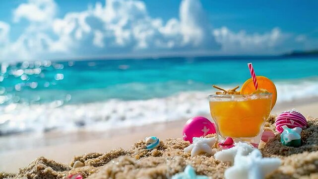 a cocktail  and  starfish  on  the beach