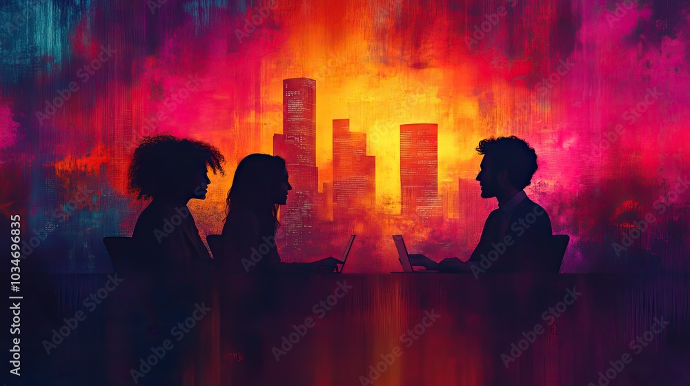 Poster abstract silhouettes of three individuals in software development job interview set against backdrop