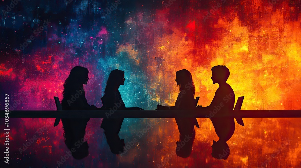 Poster abstract silhouettes of three individuals in software development job interview set against backdrop