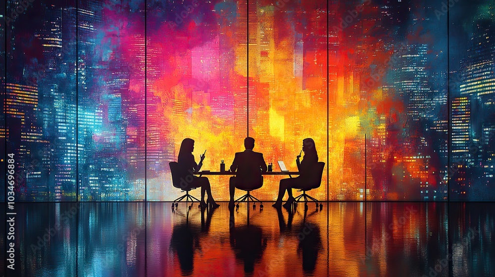 Poster abstract silhouettes of three individuals in software development job interview set against backdrop