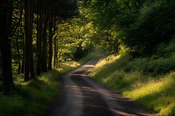 Fototapeta premium Winding Forest Path with Sunlight Through Trees