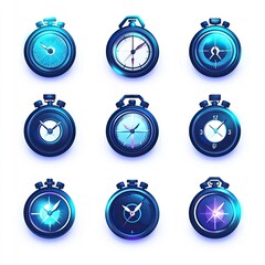Nine Blue and White Stopwatches with Glowing Accents
