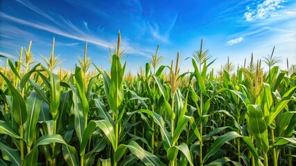 Agriculture background of a macro corn field growing with clear sky