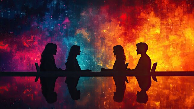 abstract silhouettes of three individuals in software development job interview set against backdrop of vibrant colors and modern abstract shapes.stock image