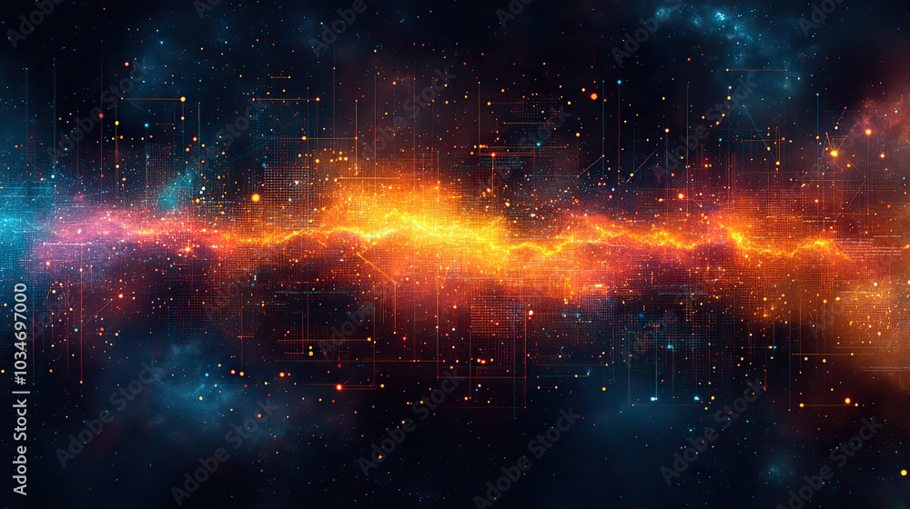 Poster abstract visualization of big dat with colorful lines and dat text symbolizing dat flow and analytic