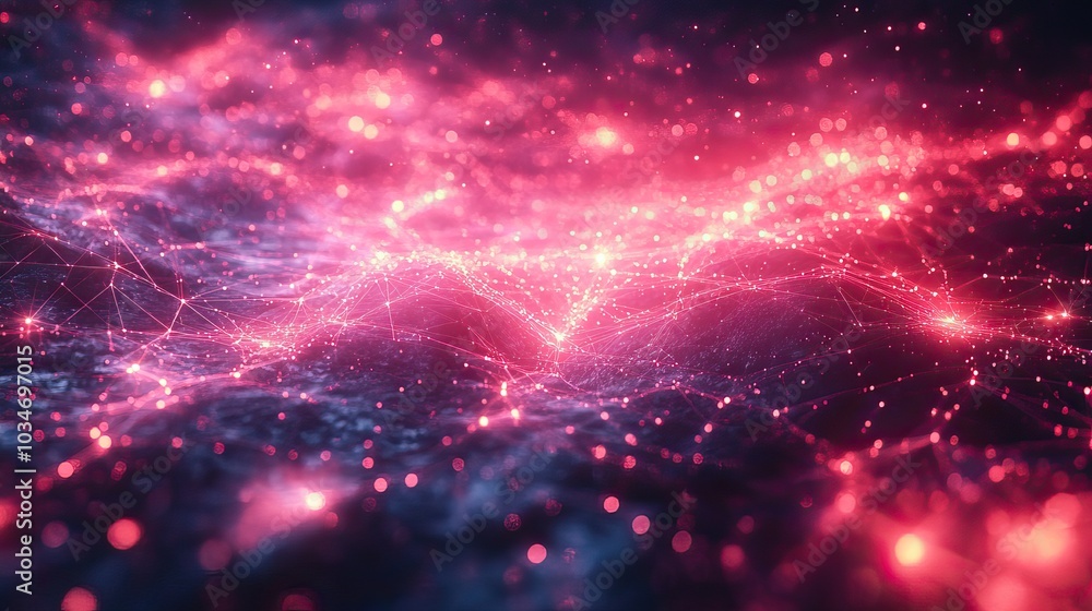 Poster abstract visualization of dat connectivity with glowing lines and nodes representing network connect