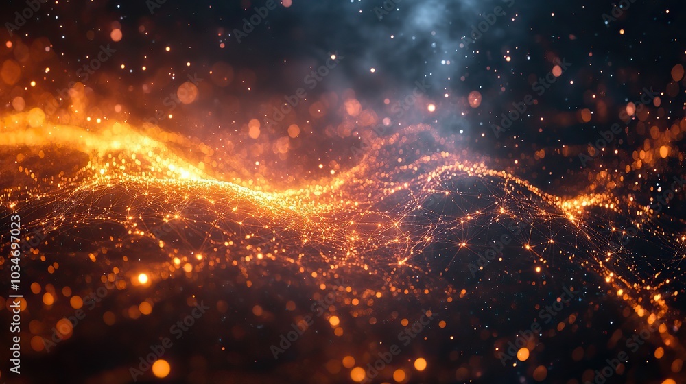 Poster abstract visualization of dat connectivity with glowing lines and nodes representing network connect