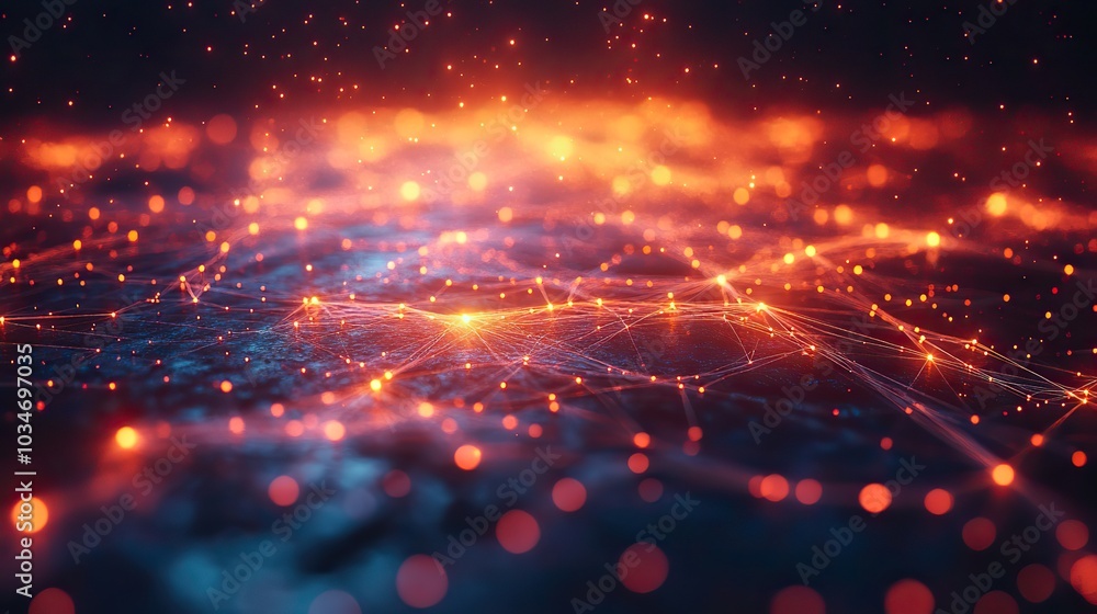 Poster abstract visualization of dat connectivity with glowing lines and nodes representing network connect