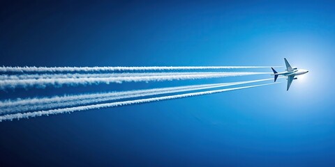 Airplane flying with contrail in blue sky