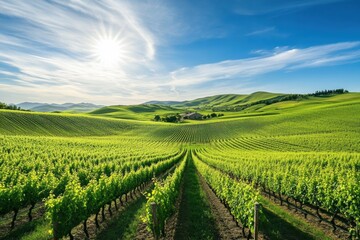 Fototapeta premium A picturesque vineyard stretching across rolling green hills under a bright