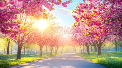 Naklejka premium Tranquil Japanese style garden scene with delicate pink cherry blossoms and neatly trimmed green shrubbery set against an isolated background for a peaceful natural aesthetic