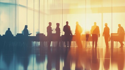 Silhouettes of business figures in a collaborative meeting room, abstract double exposure with light and shadow gradients