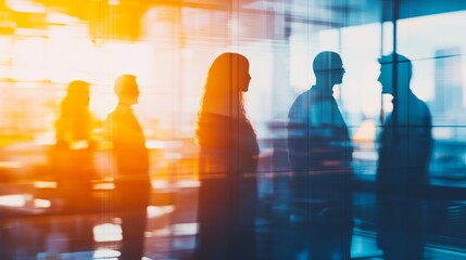 Silhouettes of professionals in a modern office setting, double exposure with smooth gradient light effects