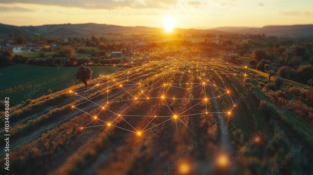 Poster aerial view of land plots with digital markers and network lines representing land plot are concept