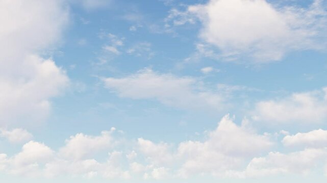 Sunny blue sky and white clouds fast motion away, nature blue skies with soft fluffy cloud.  Time lapse of dramatic clouds above the sky, look up view, wide angle shot. Summer sky background.