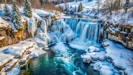 Aerial winter landscape with frozen waterfall, river, and snow-covered ice