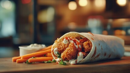 Ultra detailed, photorealistic close-up of a fast-food counter showcasing a crispy buffalo chicken wrap with a side of carrot sticks and ranch dressing in high resolution