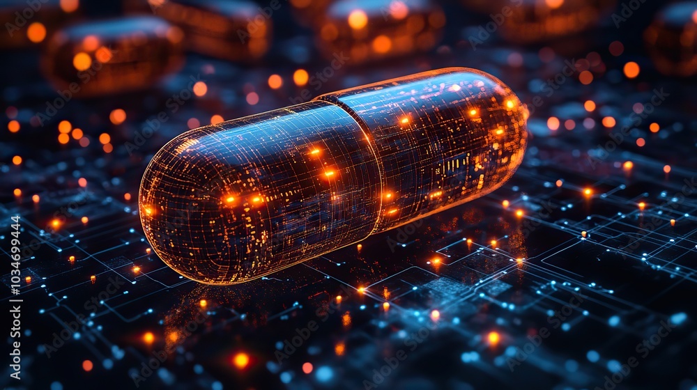 Poster ai driven drug discovery visualized with digital networks and capsules.stock image