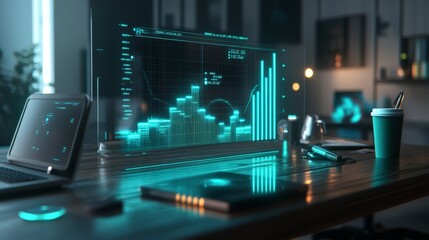 Ultra detailed photorealistic image of a 3D financial graph bursting from a digital tablet on a wooden desk, The chart's vibrant colors and detailed bars are accompanied by office items like a pen