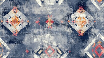 Folk seamless background featuring a shaman pattern with Indian tribal geometry in a gray tie dye grunge style Geometric textured paper showcasing ikat geometrical artistic designs with a crumbled